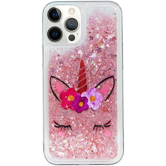 Case for iPhone 13 Pro Max, iPhone 13 Pro Max Case Cute Pink Glitter Luxury Sparkle Liquid for Girls Women Quicksand Clear Soft TPU Protective Phone Case for iPhone 13 Pro Max Wink Unicorn