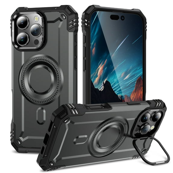 Case for iPhone 13 Pro for Men Women, Compatible with Magsafe, Rugged Camera Frame Bracket Shockproof Air Cushions Luxury Armor Support Magnetic Car Mount Cover for iPhone 13 Pro, Gray