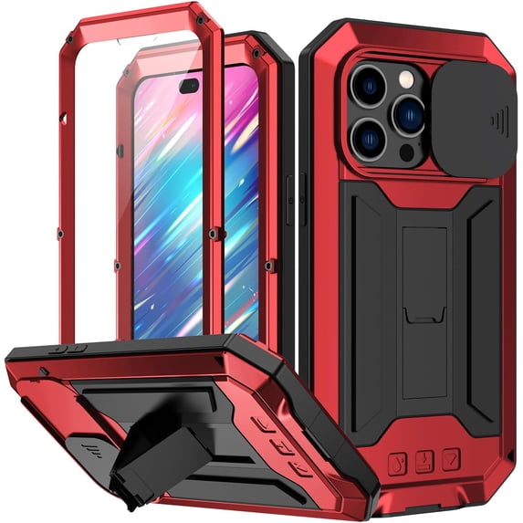 Case for iPhone 13 Pro,Military Grade 3 in 1 Metal Full-Body Rugged Stylish Kickstand Protective Case with Built-in Screen Protector Phone Case for iPhone 13 Pro,6.1 inch 2021 (Red)