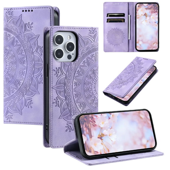 Case for iPhone 13 Pro Wallet Case for Women Girls with Card Holder, Embossed Flower Pattern Magnetic Flip PU Leather Purse Protective Phone Cover for iPhone 13 Pro, Purple