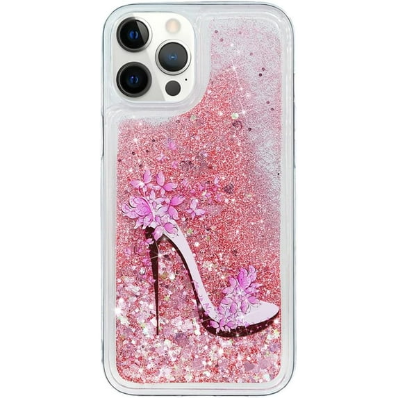 Case for iPhone 13 Pro, iPhone 13 Pro Case Cute Pink Glitter Luxury Sparkle Liquid for Girls Women Quicksand Clear Soft TPU Protective Phone Case for iPhone 13 Pro Pink High Heel
