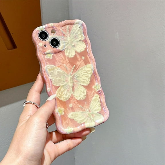 Case for iPhone 13,Retro Oil Painting Phone Case,Wavy Edge Shiny Gloss 3D Looking Butterfly Pattern iPhone 13 Case,Sturdy Fit Protective Case for Girls Women,Pink