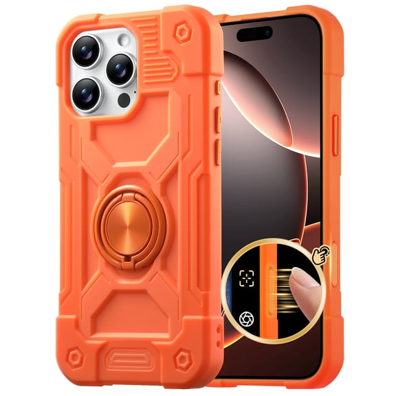 Case for iPhone 13, Rotating Double Ring Kickstand Drop Protective Anti-Scratch Built-In Camera Control Button Silicone Shockproof Phone Case Cover for iPhone 13, Orange