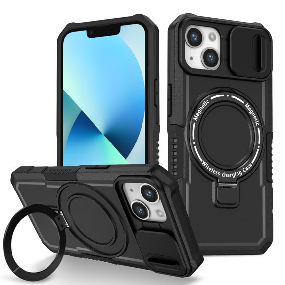 Case for iPhone 13, with Sliding Camera Cover, with Rotating Finger Ring Holder Magnetic Bracket Hybrid Hand Grip Protective Shockproof Phone Case Cover for iPhone 13 - Black