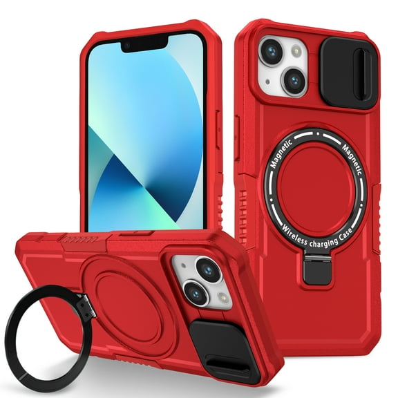 Case for iPhone 13, with Sliding Camera Cover, with Rotating Finger Ring Holder Magnetic Bracket Hybrid Hand Grip Protective Shockproof Phone Case Cover for iPhone 13 - Red