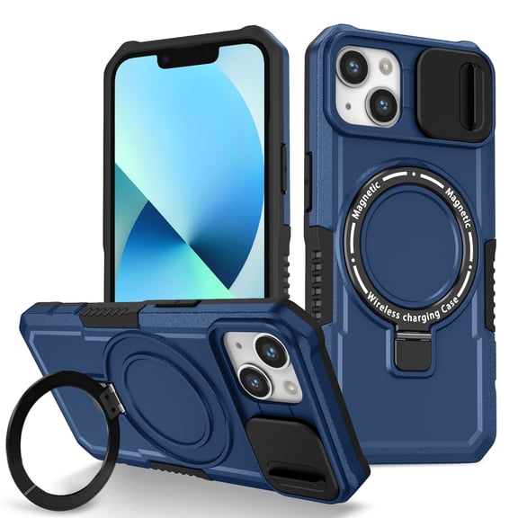 Case for iPhone 13, with Sliding Camera Cover, with Rotating Finger Ring Holder Magnetic Bracket Hybrid Hand Grip Protective Shockproof Phone Case Cover for iPhone 13 - Royalblue