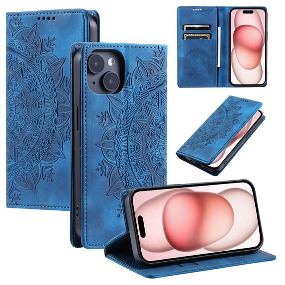 Case for iPhone 13 Wallet Case for Women Girls with Credit Card Holder, Embossed Flower Pattern Magnetic Flip PU Leather Purse Shockproof Protective Phone Cover for iPhone 13, Blue