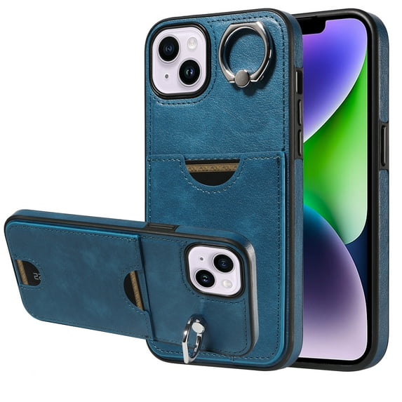 Case for iPhone 13 Wallet with Credit Card Holder & Finger Ring Kickstand, Premium PU Leather Slim Cover Shockproof Scratch Resistant Full Protection Phone Case for iPhone 13, Blue