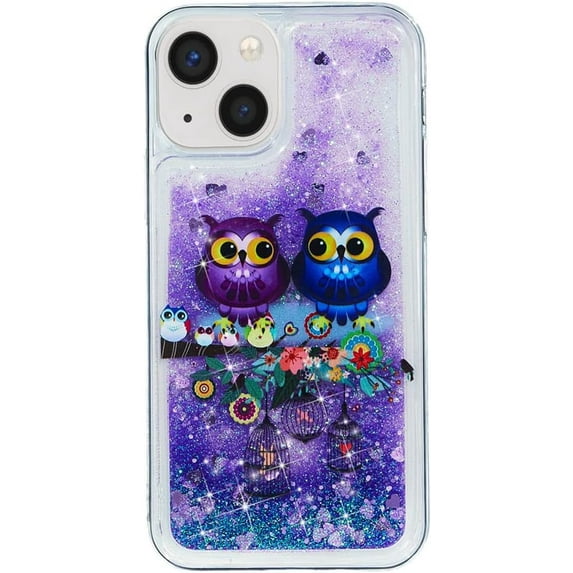 Case for iPhone 13, iPhone 13 Case Cute Pink Glitter Luxury Sparkle Liquid for Girls Women Quicksand Clear Soft TPU Protective Phone Case for iPhone 13 6.1 inch Couple Owls