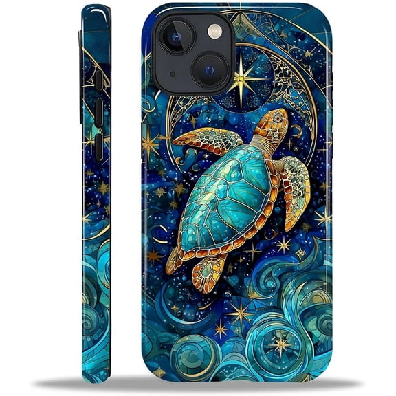 Case for iPhone 13 iPhone 14, Sea Turtle Stained Glass Colorful Design Hybrid Dual Protection Soft TPU + Hard PC, Shockproof & Anti-Scratch Cover Men Women Stylish Protective Phone Case