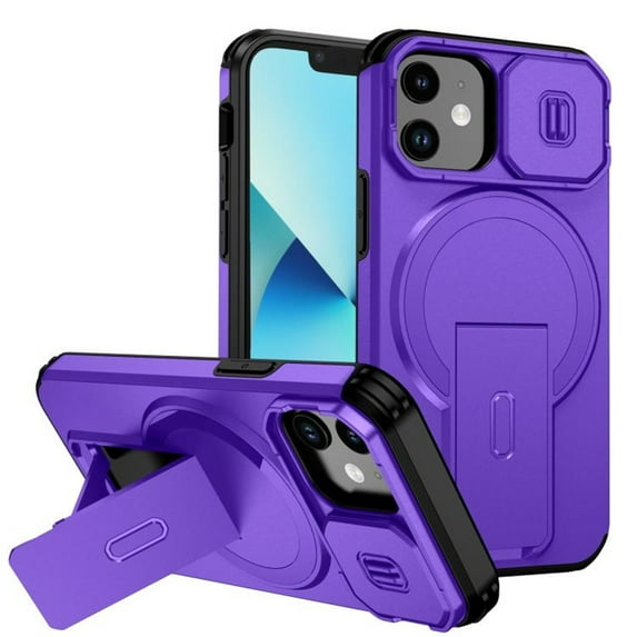 Case for iPhone 13 mini / 12 mini 5.4" with Invisible Fold Holder Stand, Magnetic Wireless Charging,Sliding camera casing,Shockproof Dropproof Tough Rugged Protective Case Cover,Purple