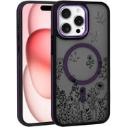 Case for iPhone 14 13 Design On Matte Black Base, Compatible with MagSafe, Slim Protective Bumper, Magnetic Case for Women Girls Case for iPhone 14 13-Black Wildflower Purple