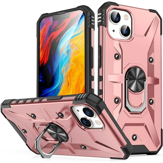 Case for iPhone 14 Case iPhone 13 Case Grade Drop Case with Kickstand Metel Ring Holder Shockproof Protective for iPhone 14 iPhone 13 Phone Case (Rose Gold)