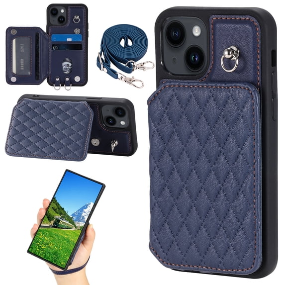 Case for iPhone 14 6.1", Detachable Crossbody Strap Wallet Case with Card Slots, Stand Ring Flip PU Leather Protective Cover Lanyard for Women for iPhone 14, Darkblue