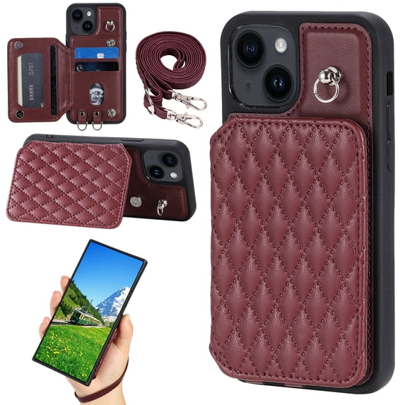 Case for iPhone 14 6.1", Detachable Crossbody Strap Wallet Case with Card Slots, Stand Ring Flip PU Leather Protective Cover Lanyard for Women for iPhone 14, Winered