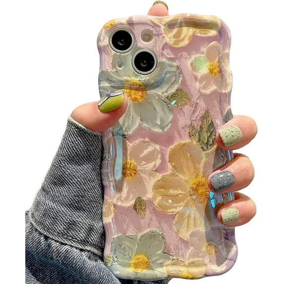 Case for iPhone 14 6.1 inch, Colorful Retro Oil Painting Flower Case Pretty Glossy Pattern Wave Case Cute Sparkly Floral Curly Cover Stylish Soft Case for Women and Girl - Yellow Green