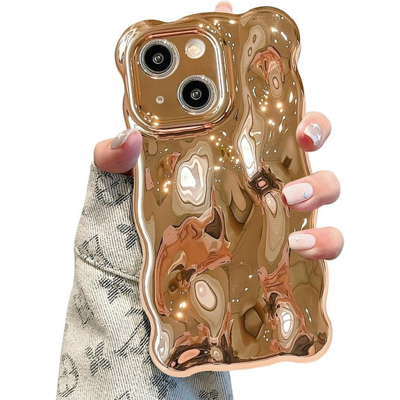 Case for iPhone 14 6.1 inch, Cute Solid Color Curly Wave Shape Shockproof Soft Bumper Phone Case, Candy Water Ripple 3D Silicon Slim Pretty Case Non-Yellowing Cover, Gold