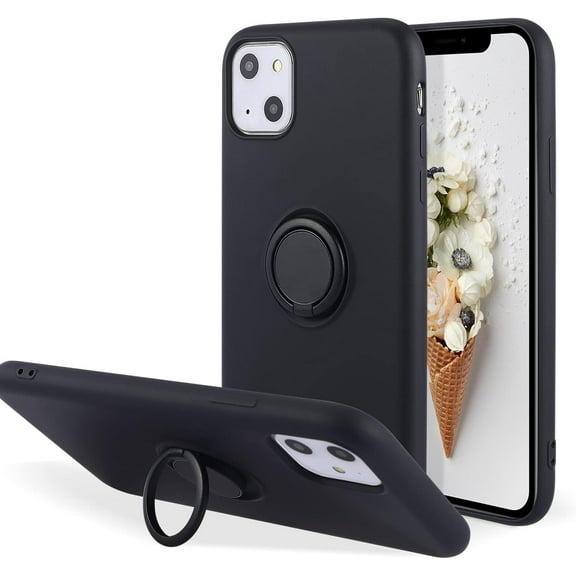 Case for iPhone 14 6.1 inch, Slim Liquid Silicone Phone Case with 360 Rotatable Ring Holder Kickstand wtih Magnetic Car Mount Bumper Case Cover for iPhone 14 6.1 inch - Black