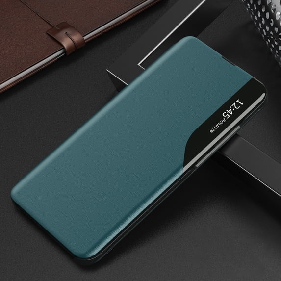 Case for iPhone 14 with Bracket Kickstand Magnetic Closure Mirror Window Folio Case, Luxury PU Leather Rugged PC bumper Shockproof Anti-Drop Flip Phone Cover for iPhone 14,Cyan