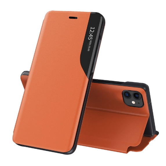 Case for iPhone 14 with Bracket Kickstand Magnetic Closure Mirror Window Folio Phone Cover, Premium PU Leather Luxury Texture Drop Resistant Shockproof Flip Case for iPhone 14,Orange