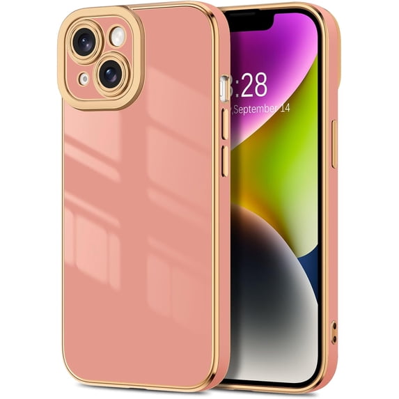Case for iPhone 14 Case, Luxury Plating Rose Gold Edge, Cute Slim Soft TPU Bumper Cover Full Camera Protection Shockproof Protective Phone Case for iPhone 14 6.1", Pink