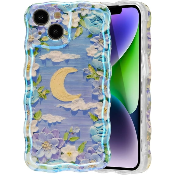 Case for iPhone 14, Colorful Retro Oil Painting Flower Leaves Moon Cloud Pattern Laser Cute Curly Wave Edge Exquisite Phone Cover Stylish Durable TPU Protective Case for Girls Women - Purple#3