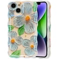 thumbnail image 1 of Case for iPhone 14, Colorful Retro Oil Painting Print Flower Leaves Laser Glossy Pattern Cute Curly Waves Edge Exquisite Phone Cover Stylish Durable TPU Protective Case for Girls Women -Blue#3, 1 of 18