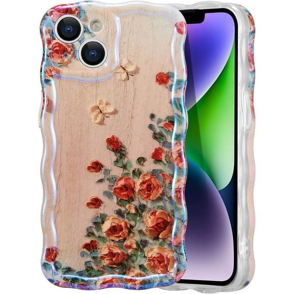 Case for iPhone 14, Colorful Retro Oil Painting Printed Flower Laser Beam Glossy Pattern Cute Curly Waves Border Exquisite Phone Cover Stylish Durable TPU Protective Case for Girls Women-Beige
