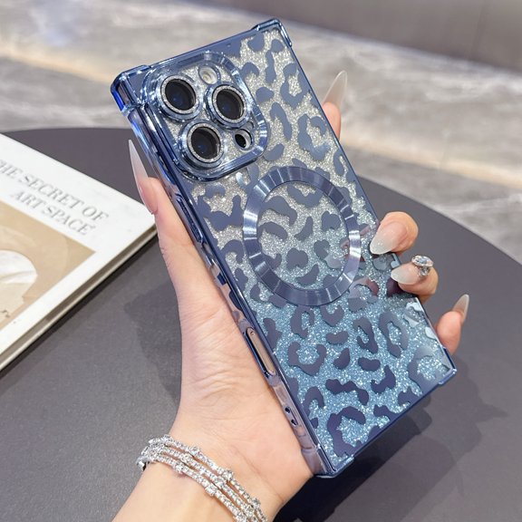 Case for iPhone 14, Compatible with MagSafe Gradient Glitter Bling Leopard Design Plating Camera Lens Protection Clear Soft Shockproof Anti-Scratch Cover for Women Girls, Blue