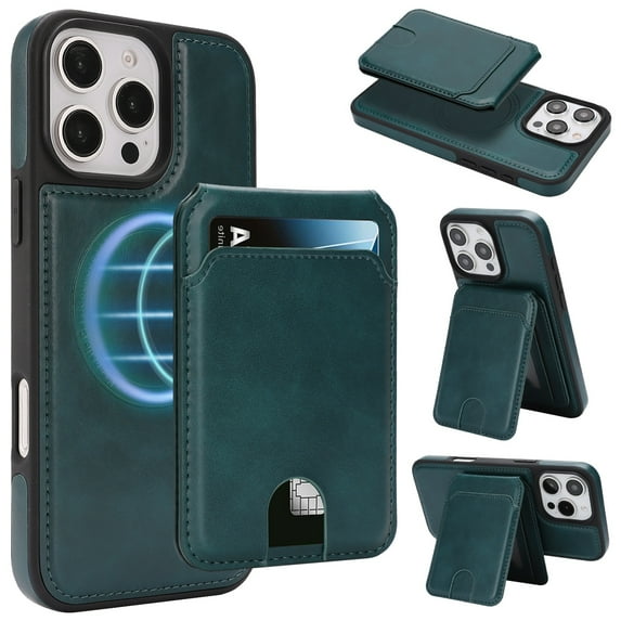 Case for iPhone 14, Compatible with MagSafe, Magnetic 2 in 1 Detachable Wallet Case with Card Holder Women Men, Business PU Leather RFID Blocking Flip Kickstand Credit Slots, Green