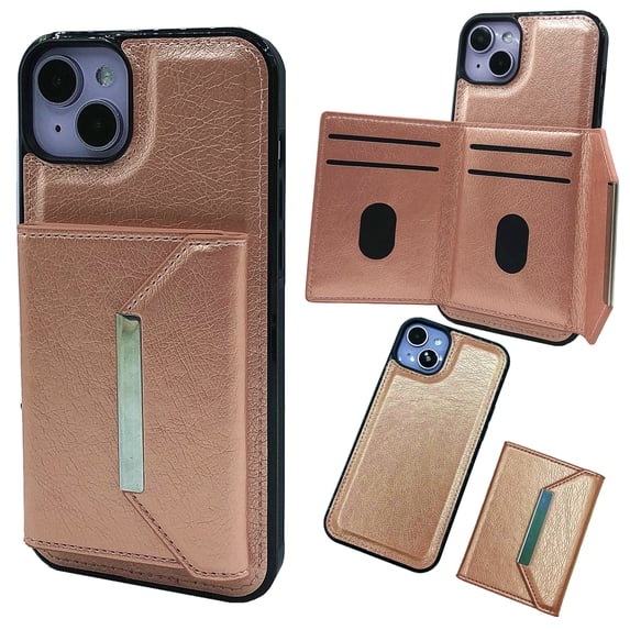 Case for iPhone 14 Compatible with MagSafe Magnetic 2-in-1 Detachable Wallet Case with Card Slots for Women Men, Classic PU Leather Flip Kickstand Shockproof Protective Case, Rosegold
