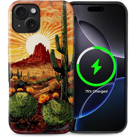 Case for iPhone 14 [Compatible with MagSafe], Matte Soft Silicone and Hard PC Anti-Scratch Shockproof Protective 2-in-1 Case for Women Men - Desert Cactus