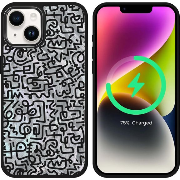 Case for iPhone 14 Compatible with Magsafe Feather Gauze Luxury Case Screen Camera Protection for Girl Boy Cute Pattern Dynamic Abstract Black Line Drawing