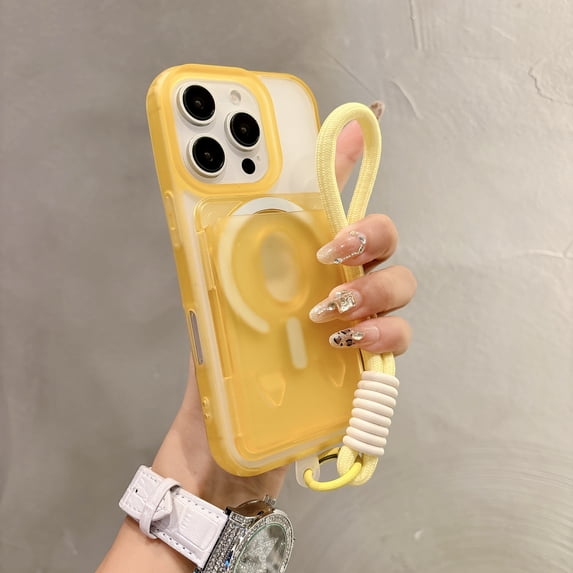Case for iPhone 14 with Detachable Magnetic Card Slot and Wrist Strap, Compatible with MagSafe, Luxury TPU PC Anti-Scratch Protective Transparent Back Case, for iPhone 14, Yellow