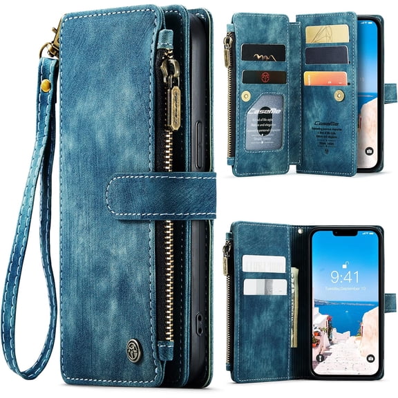 Case for iPhone 14, Flip Leather Wallet Case with 10 Card Slot Holder Zipper Pocket Kickstand Magnetic Closure Shockproof Flip Folio Cover for iPhone 14 5G 6.1 inch 2022 (Teal)
