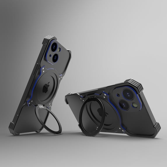 Case for iPhone 14 Frameless, with Magnetic Kickstand 360° Rotatable, Bezel Less Metal Slim Hard Ultra Thin for iPhone 14 Case with Ring Holder Magnetic Stand for Men, Black+Blue