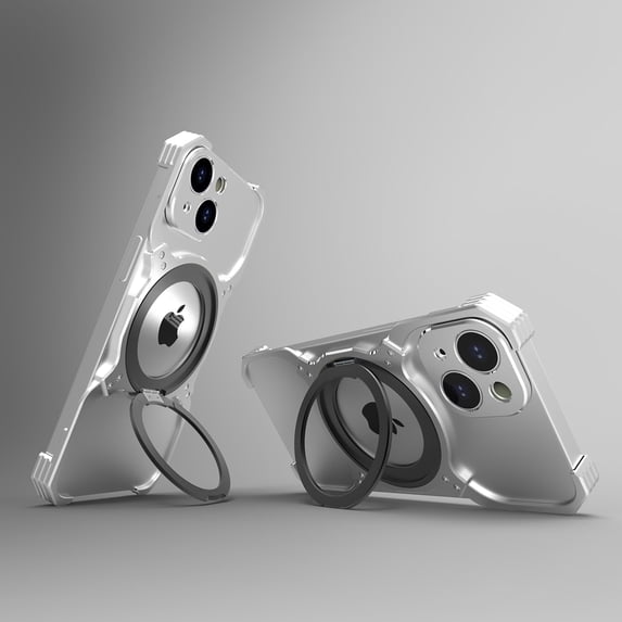 Case for iPhone 14 Frameless, with Magnetic Kickstand 360° Rotatable, Bezel Less Metal Slim Hard Ultra Thin for iPhone 14 Case with Ring Holder Magnetic Stand for Men, Silver