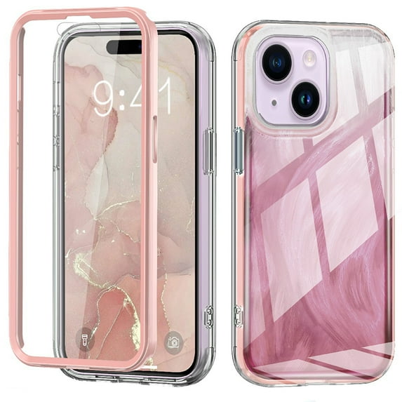 Case for iPhone 14, Luxury Gradient Marble Color Case with Built-in Screen Protector Front Cover Wireless Charging Protective Girls Women Phone Case for iPhone 14, Pink