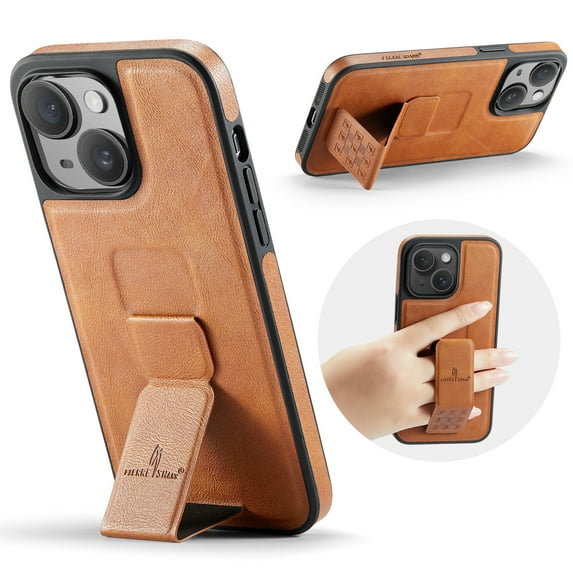 Case for iPhone 14, PU Leather, Magnetic Hand Grip Bracket, Classic Ultra Slim Lightweight Drop Protective Business Men Women Phone Case Cover Compatible with iPhone 14, Brown