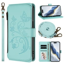 Case for iPhone 14, PU Leather TPU, with Crossbody Strap Wrist Strap, Zipper Pocket Card Slots and Cash Pocket Magnetic Clasp Kickstand Embossed Women Girls Wallet Case, Green