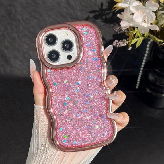 Case for iPhone 14 Plus/15 Plus,Crystal Diamond Rhinestone Shiny Bling Sparkly Glitter,Glossy Luxury Electroplated Curly Wavy Frame Wave Case,Aesthetic Cute for iPhone 15 Plus/14 Plus,Pink