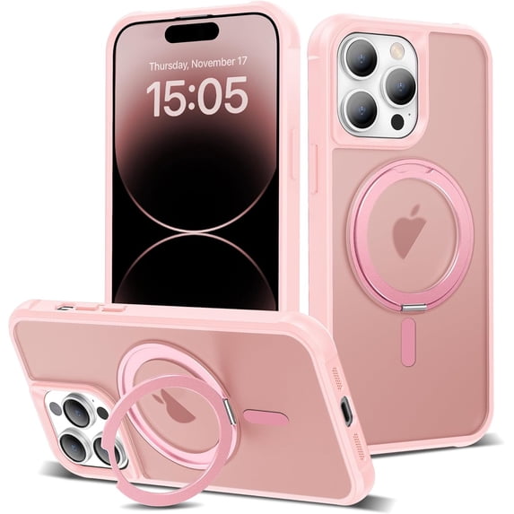 Case for iPhone 14 Plus with 360°Rotatable Magnetic Ring Stand Compatible with Mag-Safe Lightweight and Translucent Matte Back Shockproof Protective Case Men Women Pink