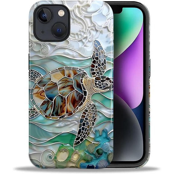 Case for iPhone 14 Plus Case, Hybrid 2-Layer Silicone Protective Glossy Case for Girl Women Case for iPhone 14 Plus Stained Glass Sea Turtle Window Art Pattern