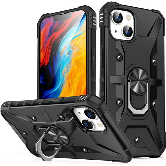 Case for iPhone 14 Plus Case Military Grade Drop Case with Kickstand Metel Ring Magnetic Holder Shockproof Protective for iPhone 14 Plus Phone Case (Black)