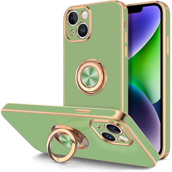 Case for iPhone 14 Plus Case with Ring Stand [360° Rotatable Ring Holder Magnetic Kickstand] [Support Car Mount] Plated Gold Edge Soft TPU Luxury Protective Phone Case Cover, Light Green