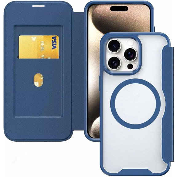 Case for iPhone 14 Plus,Clear Back Design Heavy Duty Drop Protection Anti Theft Flip Leather Wallet Card Holder Shockproof with Wireless Charge Phone Case for iPhone 14 Plus,6.7" 2022 (Blue)