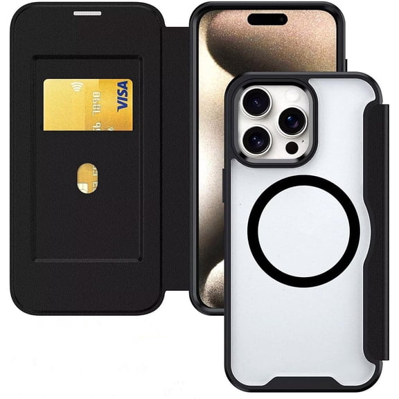 Case for iPhone 14 Plus,Clear Back Design Heavy Duty Drop Protection Anti Theft Flip Leather Wallet Card Holder Shockproof with Wireless Charge Phone Case for iPhone 14 Plus,6.7" 2022 (Black)