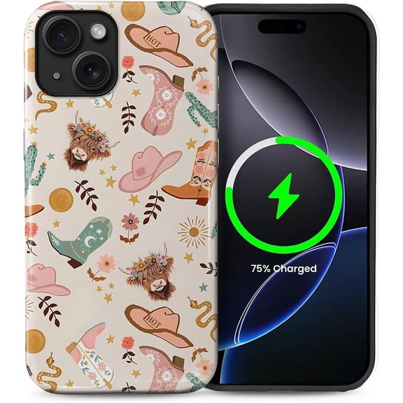 Case for iPhone 14 Plus [Compatible with MagSafe], Glossy Soft Silicone and Hard PC Anti-Scratch Shockproof Protective 2-in-1 Case for Women - Cow Western Cowboy Cactus