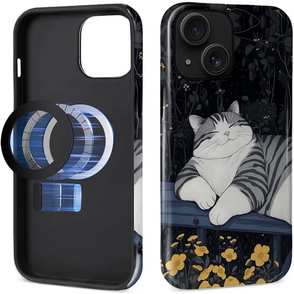 Case for iPhone 14 Plus [Compatible with MagSafe], Glossy Soft Silicone + Hard PC Anti-Scratch Shockproof Protective 2-in-1 Case for Women Men - Japanese Cute Sleepy Cat