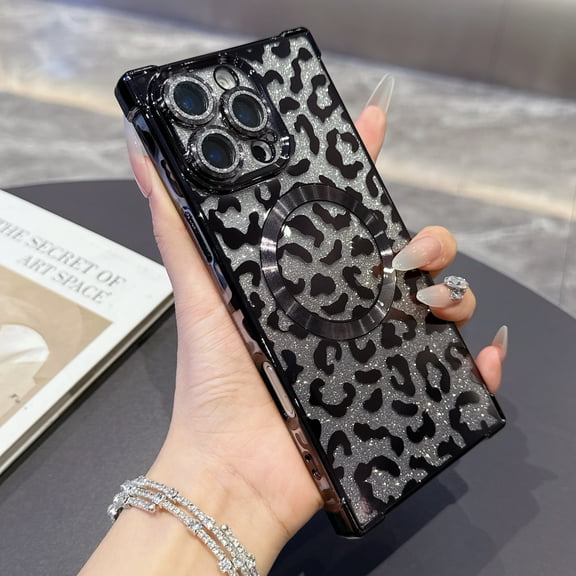 Case for iPhone 14 Plus, Compatible with MagSafe Gradient Glitter Bling Leopard Design Plating Camera Lens Protection Clear Soft Shockproof Anti-Scratch Cover for Women Girls, Black